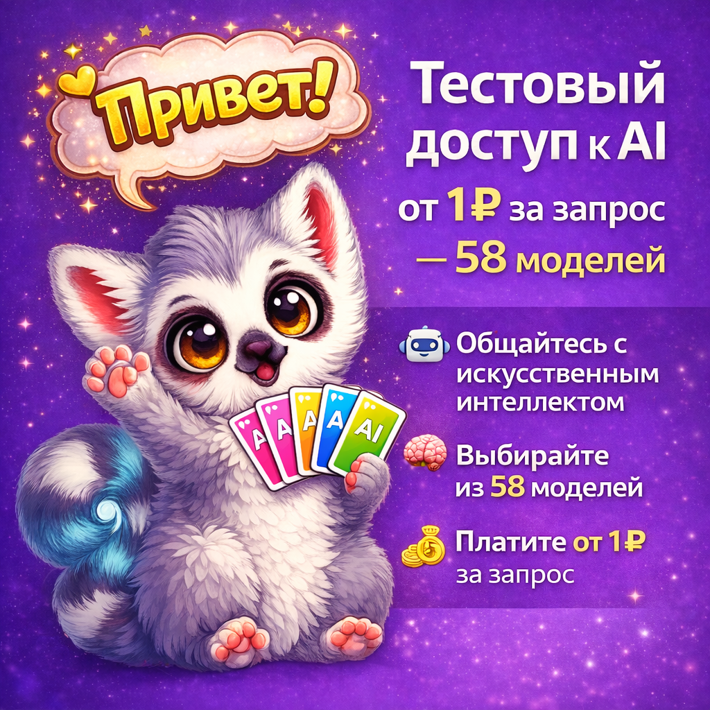 Тестовый доступ к AI: от 1 ₽ за запрос — 58 моделей
